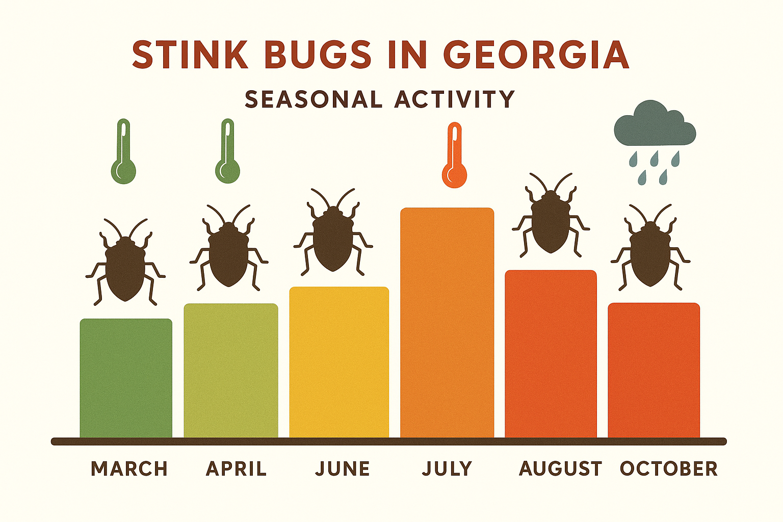 Seasonal stink bug activity chart for Georgia, showing peak months from July to September