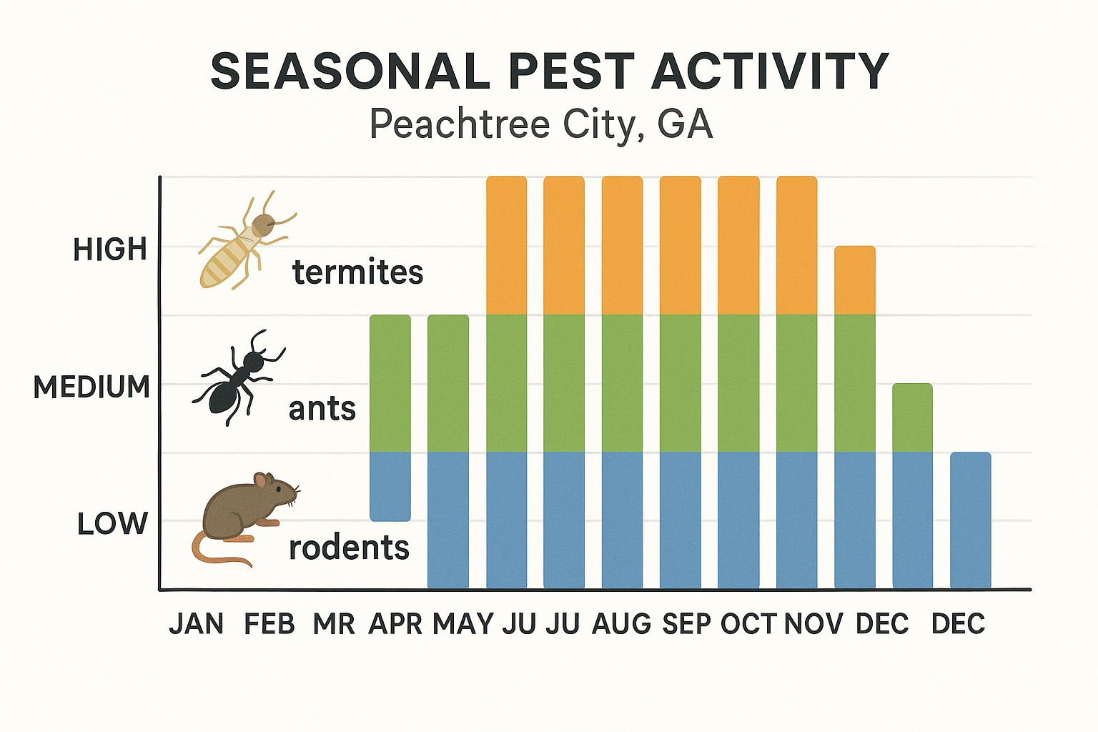 Seasonal activity chart for termites, ants, and rodents in Peachtree City