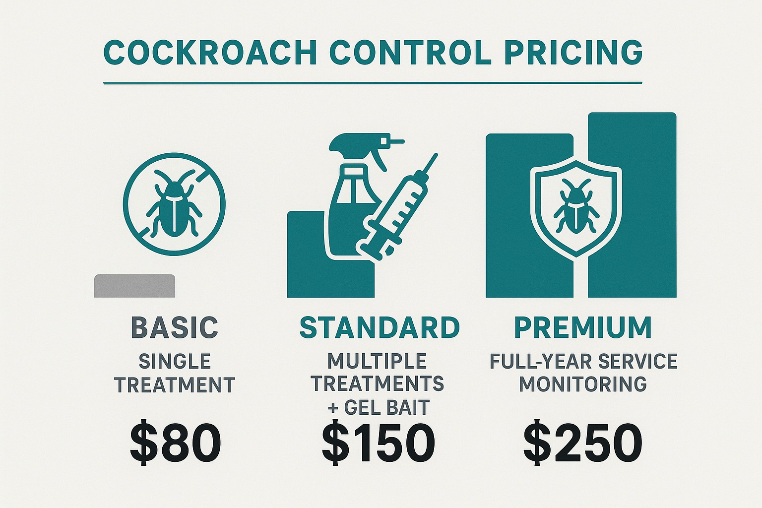 Pricing infographic comparing Basic, Standard, and Premium cockroach control packages