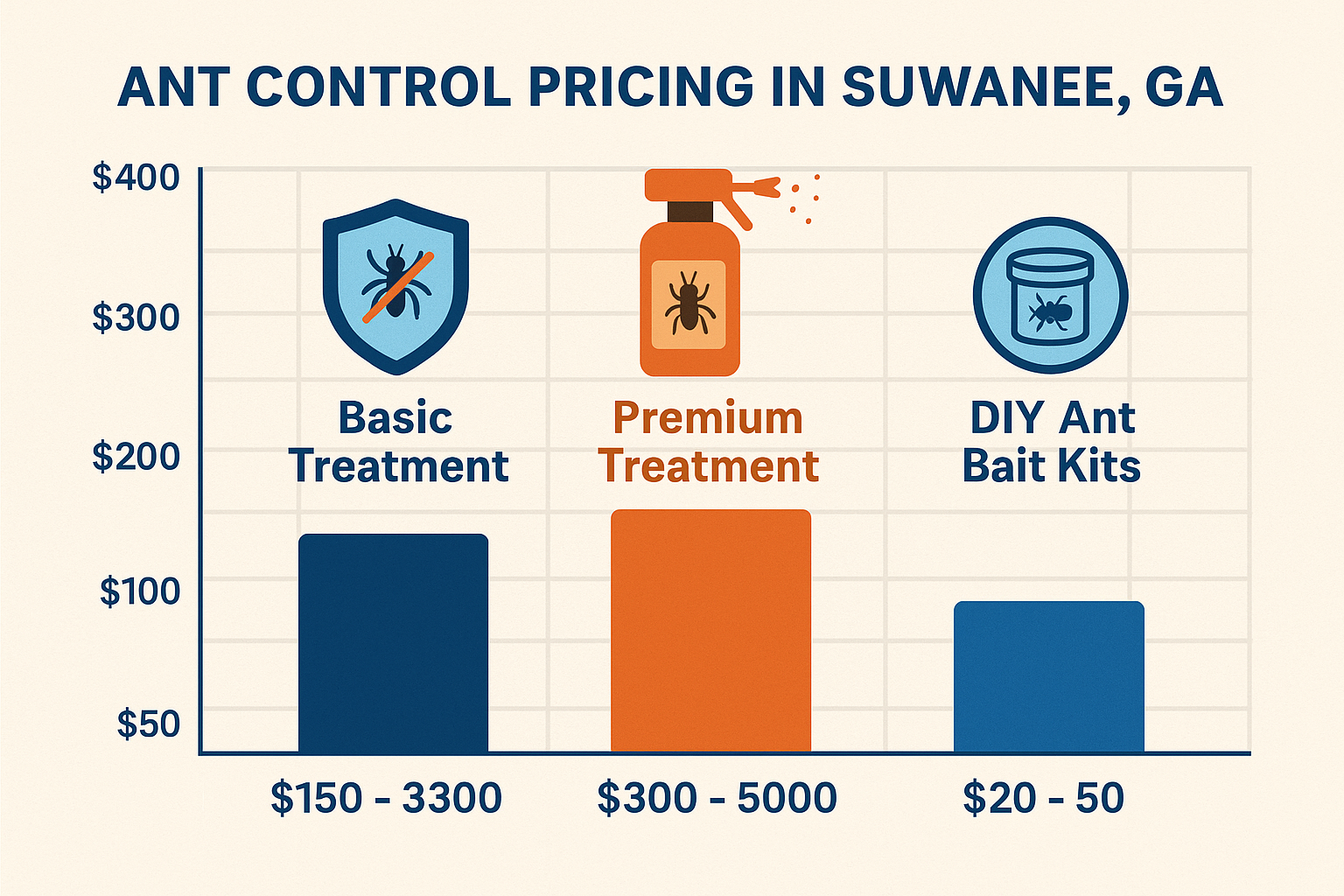 Pricing infographic showing cost ranges for basic, premium, and DIY ant treatments in Suwanee, GA