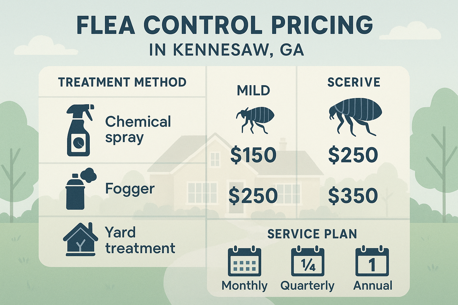 Flea control pricing tiers for mild, moderate, and severe infestations in Kennesaw