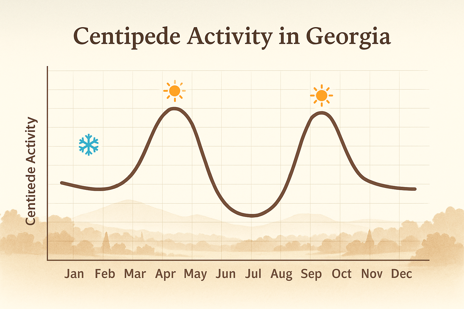 Seasonal activity chart showing centipede peaks in April‑May and September‑October