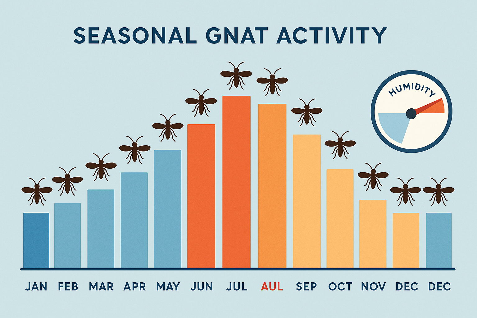 Seasonal gnat activity chart showing peak months and humidity trends
