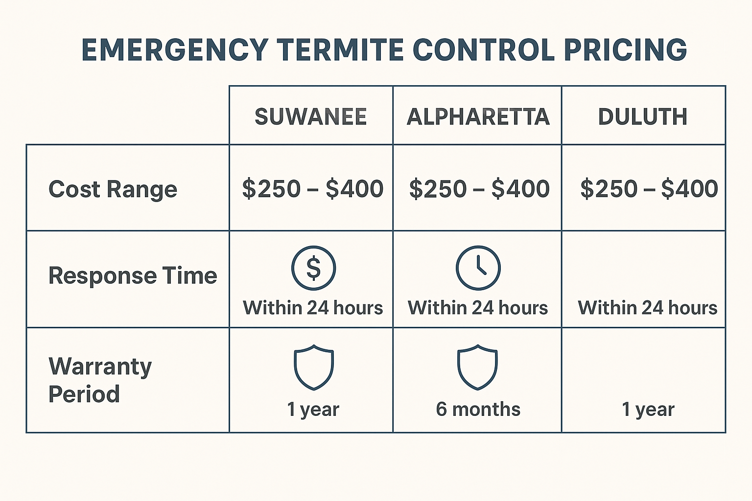Infographic comparing emergency termite control pricing, response times, and warranty periods in Suwanee, Alpharetta, and Duluth, GA