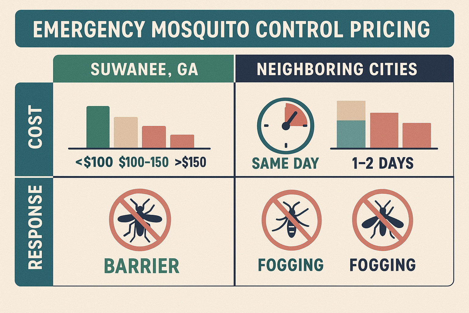 Mosquito treatment pricing comparison chart for Suwanee and nearby cities