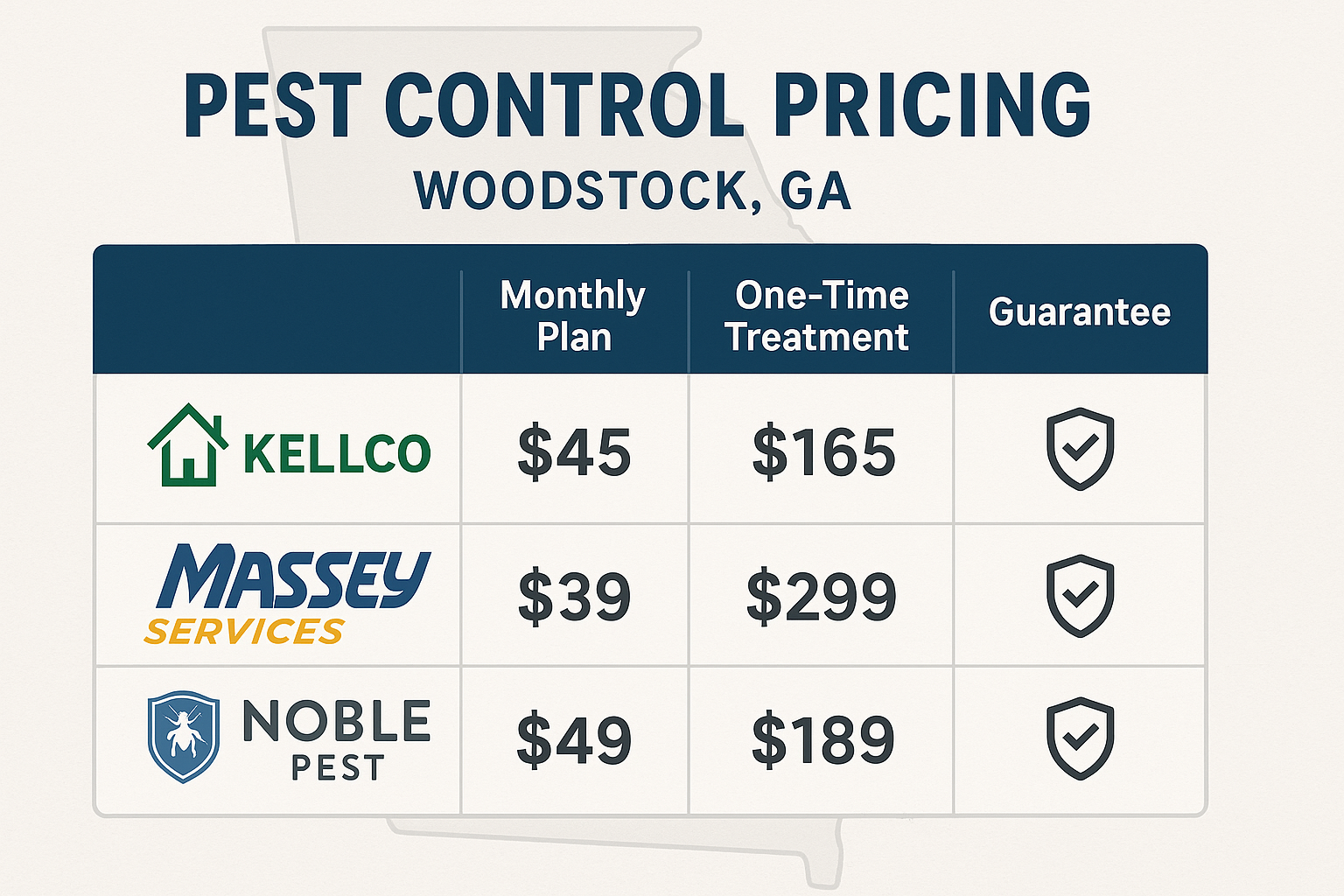 Pricing infographic comparing three local cockroach control providers in Woodstock