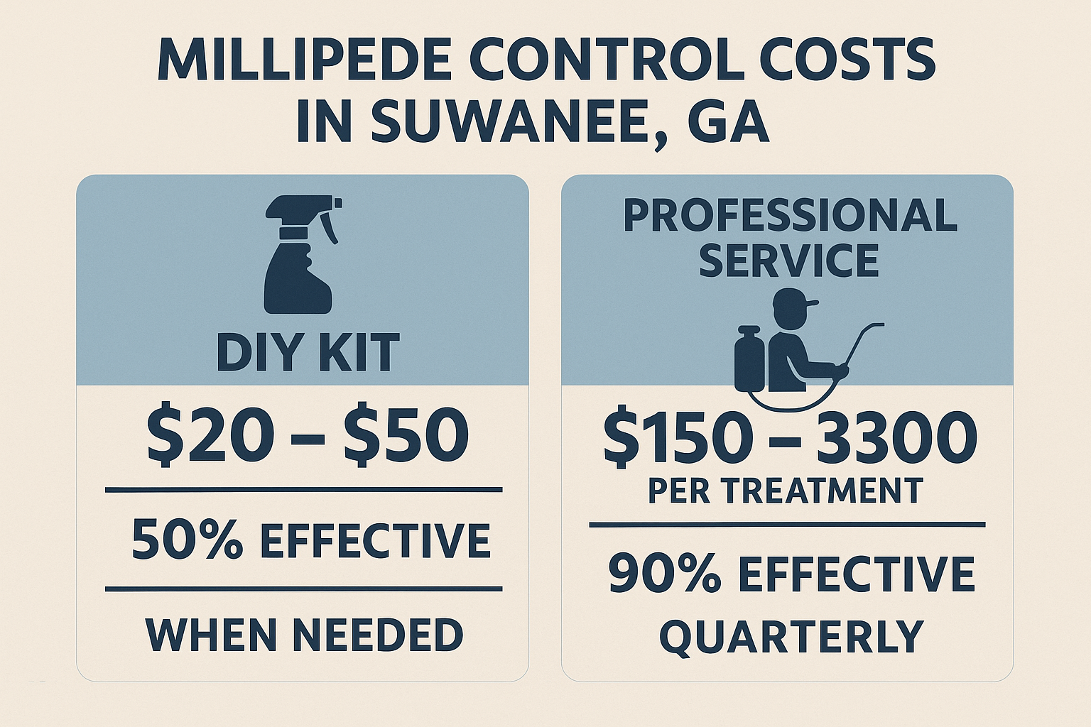 Cost comparison infographic for DIY millipede kits versus professional treatment in Suwanee, GA