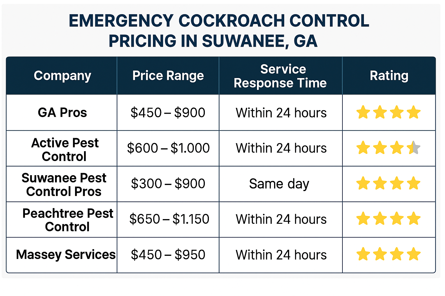 Pricing comparison chart for emergency cockroach control in Suwanee