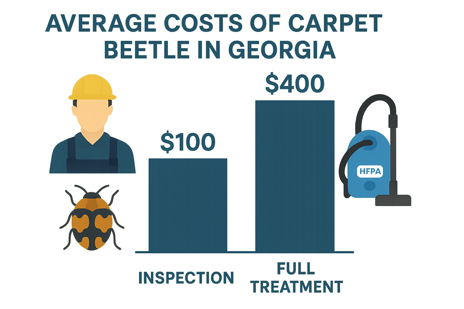 Bar chart comparing inspection and full treatment costs with icons for technician, HEPA vacuum, and beetle
