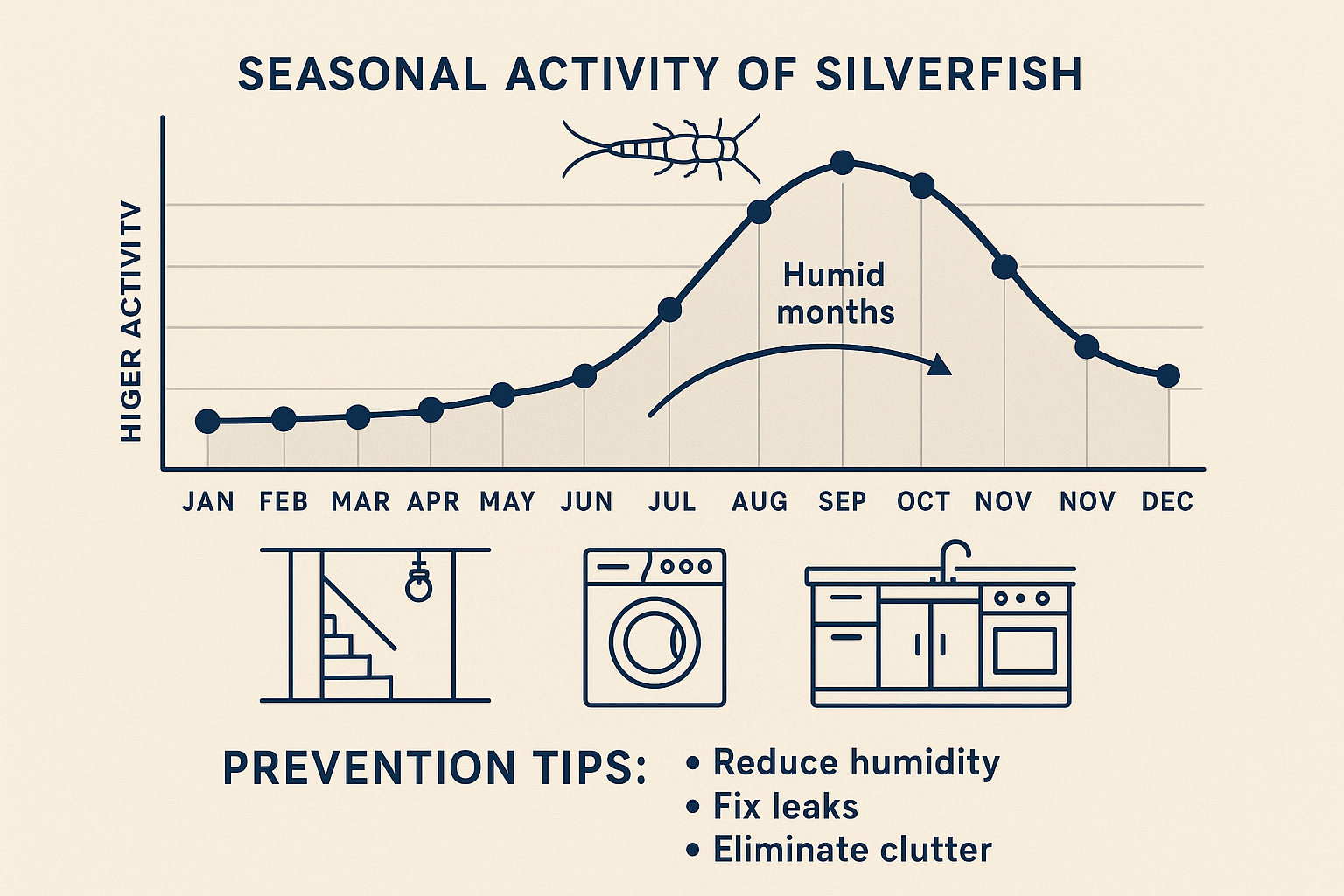 Seasonal silverfish activity line graph showing peaks in spring and summer