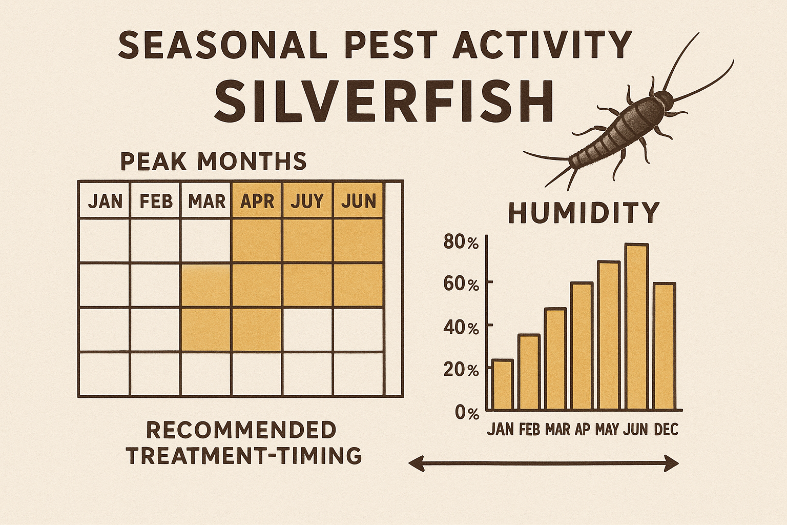 Seasonal activity chart showing peak silverfish months and recommended treatment actions
