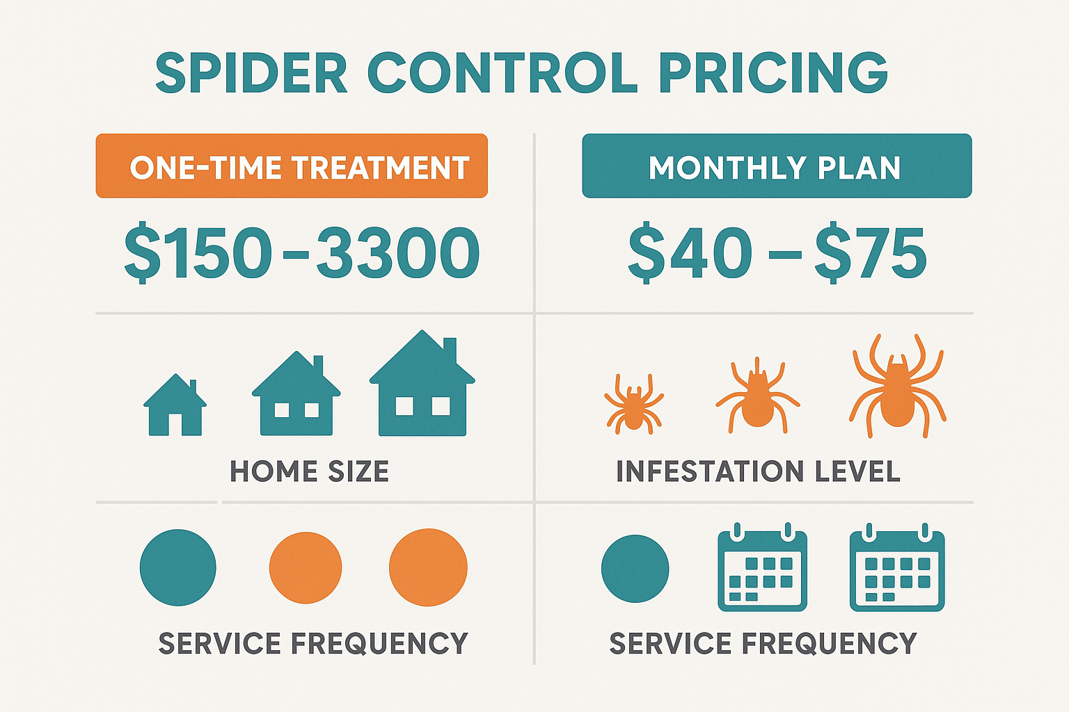 Spider control pricing infographic showing one‑time treatment $150‑$300 and monthly plan $40‑$75 per visit