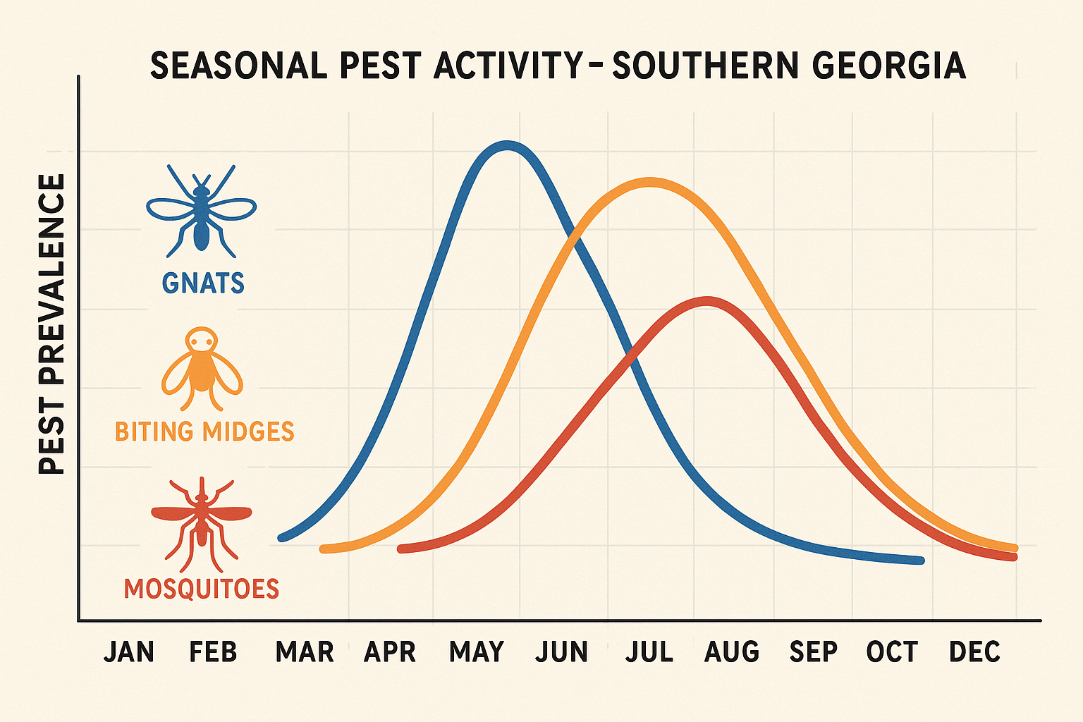 Seasonal activity chart for gnats, biting midges, and mosquitoes in Southern Georgia