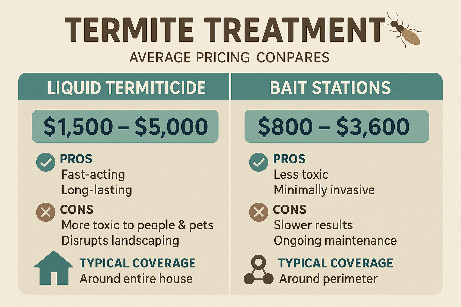 Side‑by‑side comparison of liquid termiticide and bait station treatments