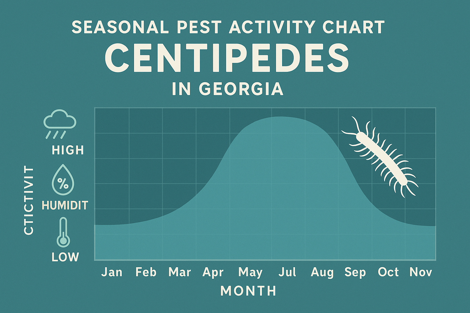 Seasonal activity chart showing centipede activity levels across months in Georgia