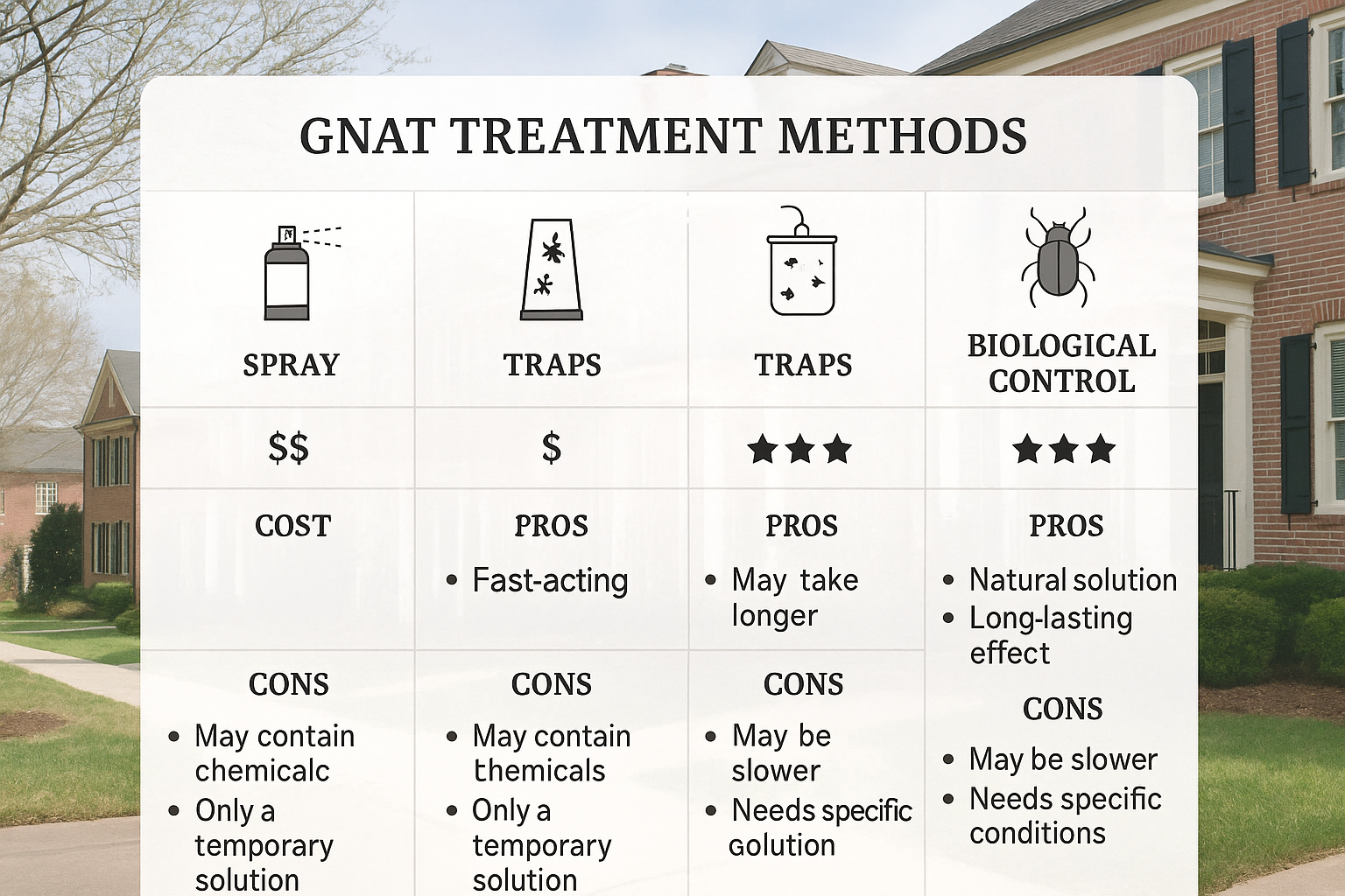 Comparison chart of gnat control methods: chemical sprays, traps, and biological options