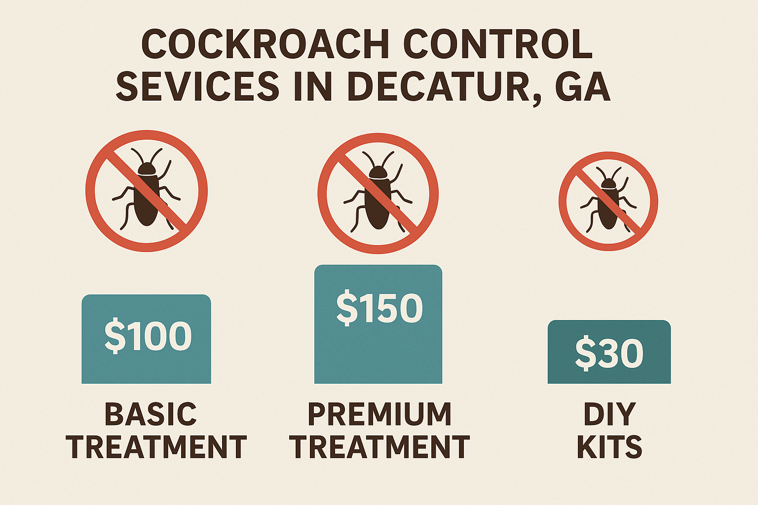 Pricing comparison infographic for DIY, basic professional, and premium professional cockroach treatments in Decatur, GA