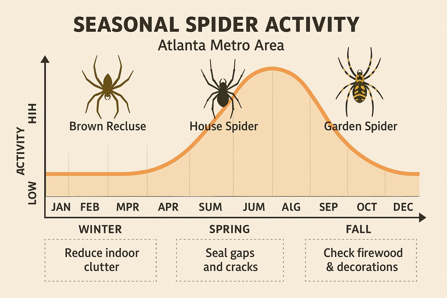 Seasonal spider activity chart for the Atlanta metro area, showing activity levels from low in winter to peak in summer