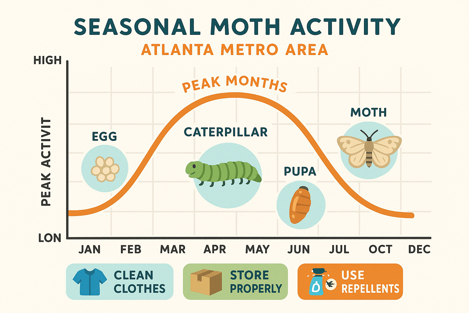 Moth life cycle and seasonal activity chart for Atlanta metro area