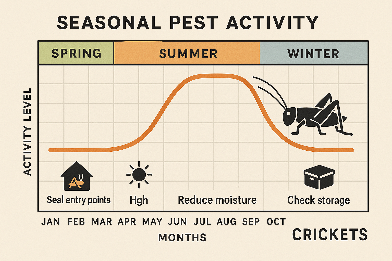 Seasonal chart of cricket activity in Suwanee, GA with tips for each season