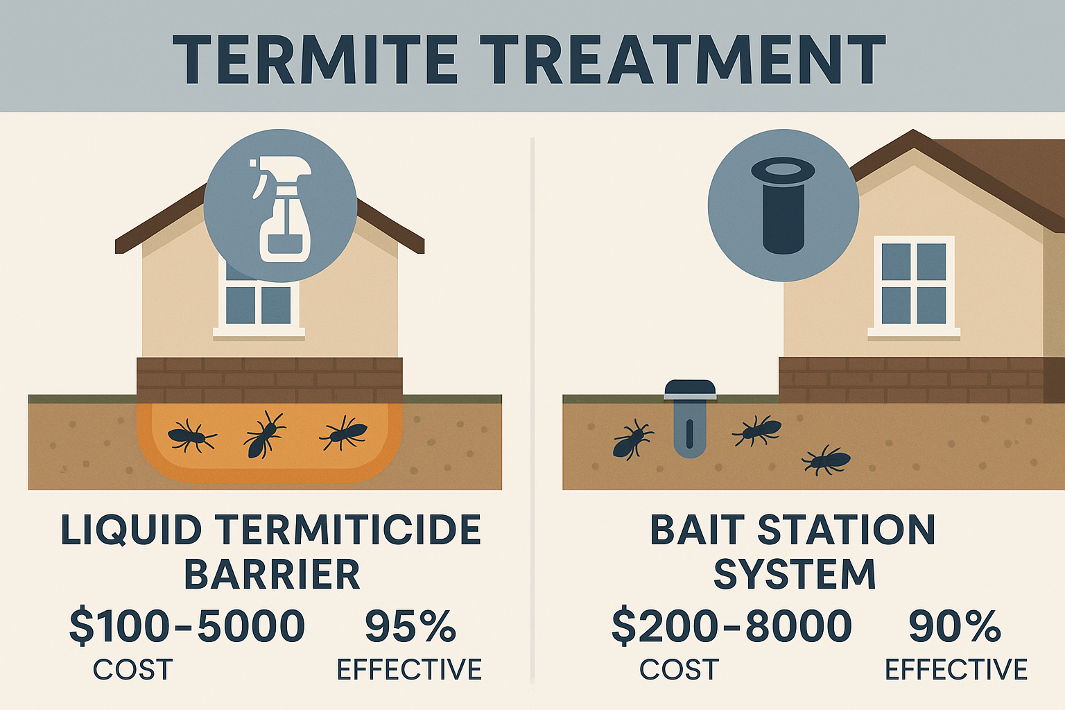 Side‑by‑side illustration of liquid termiticide barrier vs. bait station layout