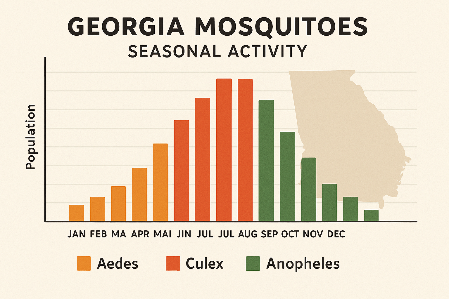 Monthly population trends for Aedes, Culex, and Anopheles mosquitoes in Georgia