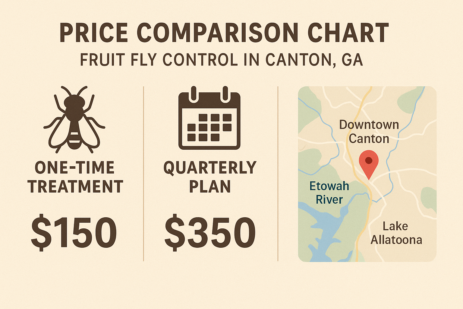 Fruit fly control pricing infographic showing one‑time treatment, quarterly plan, and full‑year service options