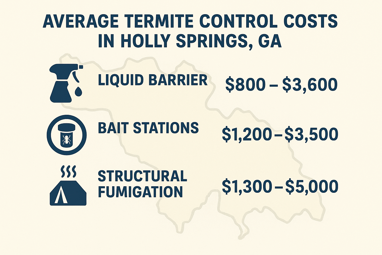 Infographic showing price ranges for liquid barrier, bait stations, and structural fumigation in Holly Springs, GA