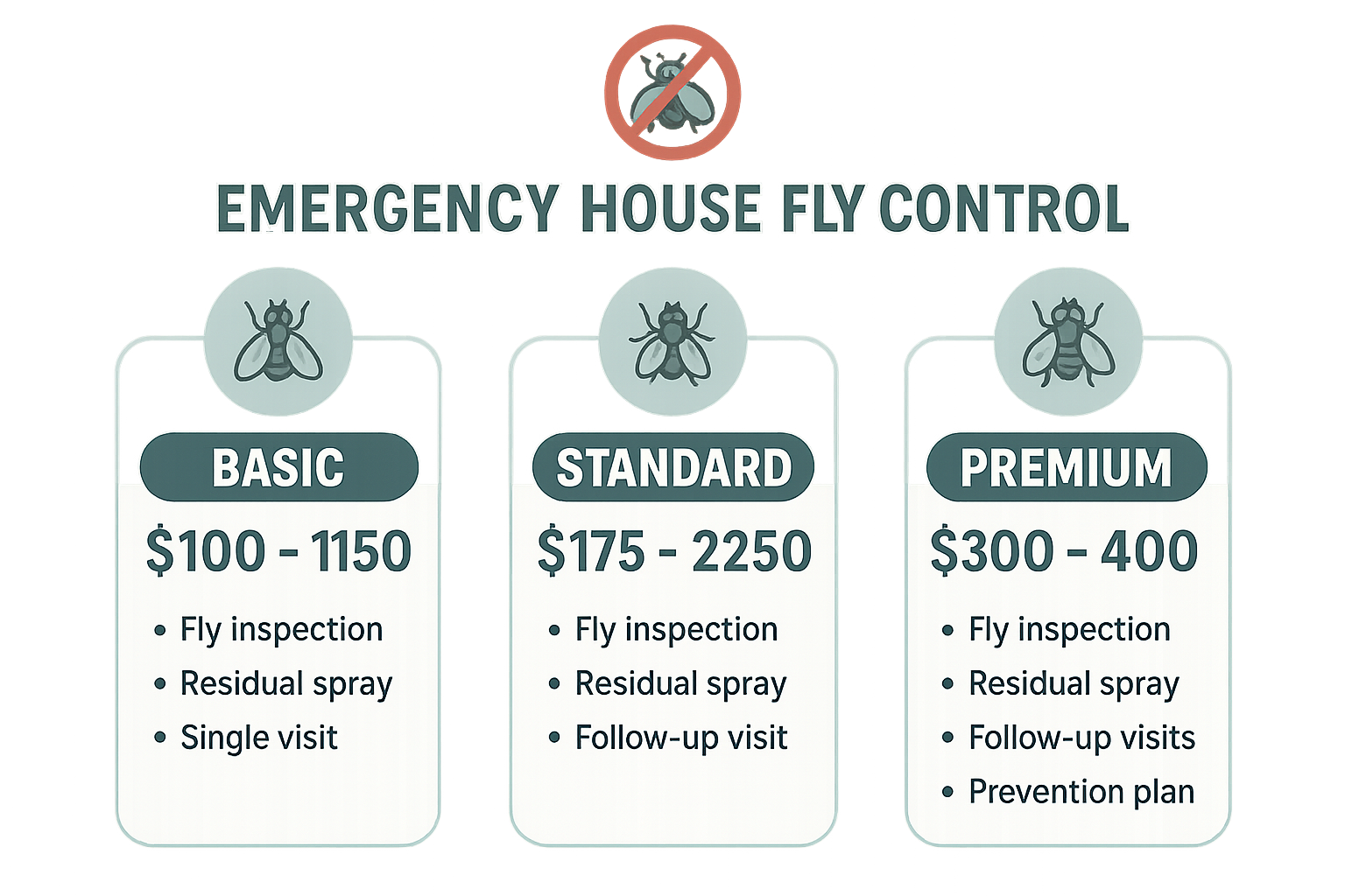 Infographic comparing Basic, Standard, and Premium house fly control packages