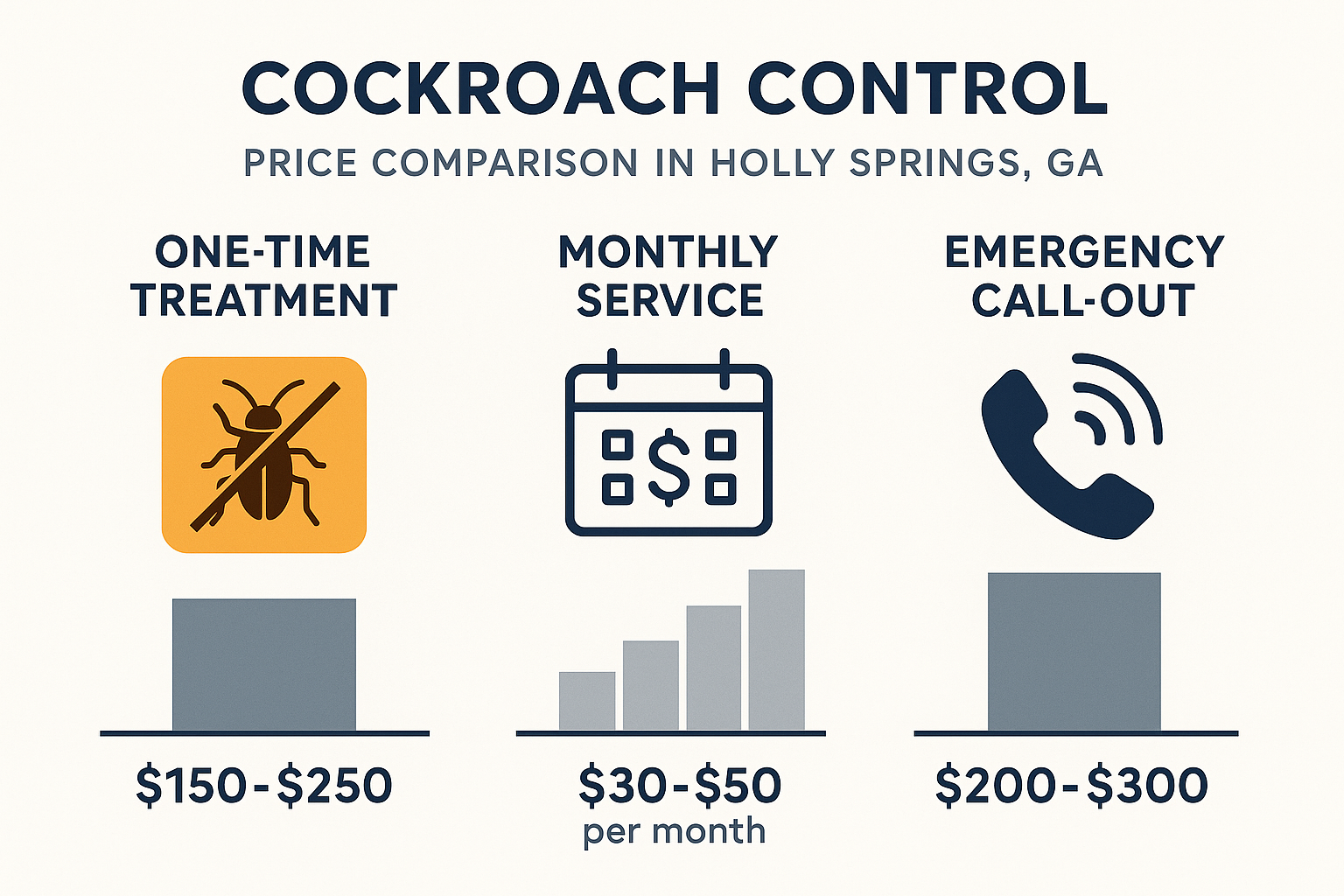 Infographic showing cost ranges for one‑time chemical barrier, monthly preventive service, and emergency call‑out for cockroach control in Holly Springs, GA