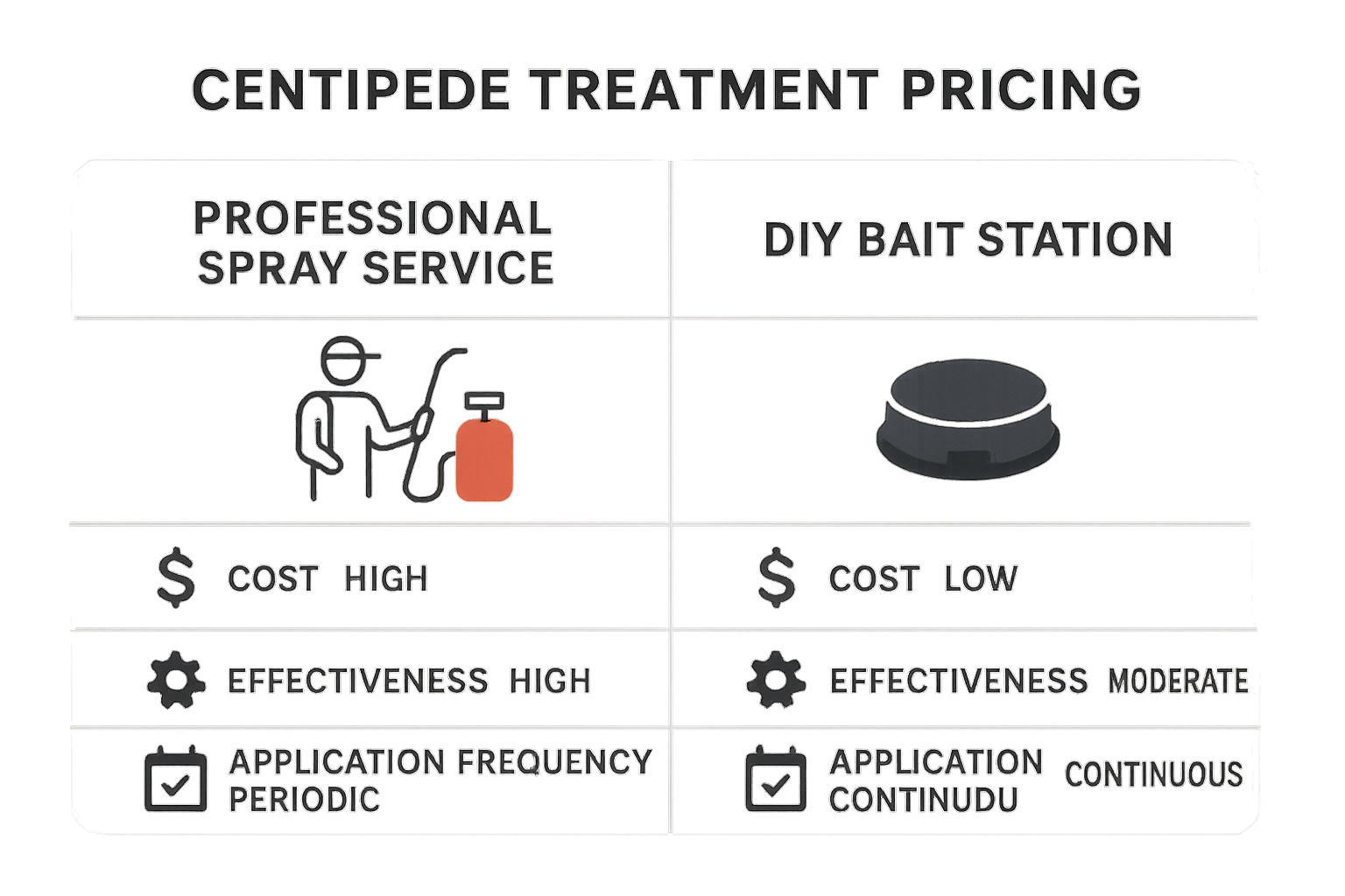 Infographic comparing professional spray and DIY bait station costs, effectiveness, and frequency for centipede control in Decatur, GA
