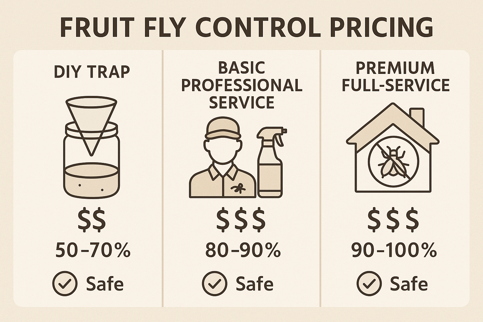 Infographic comparing DIY fruit fly traps, basic professional service, and premium full‑service options