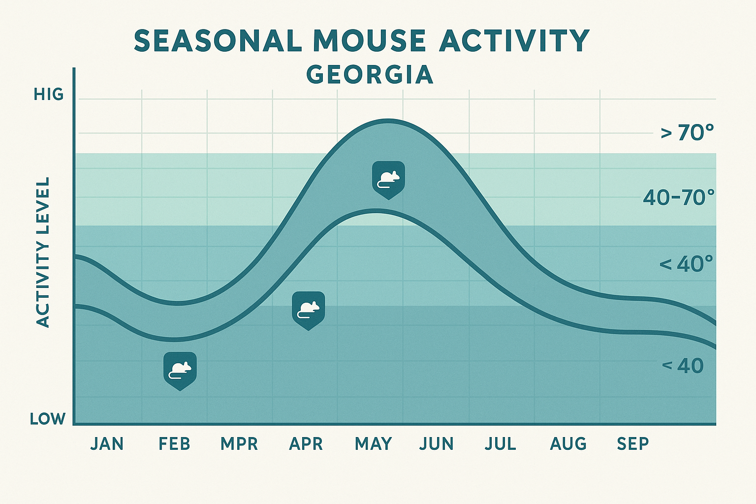 Seasonal mouse activity chart for Georgia showing monthly temperature ranges and activity levels
