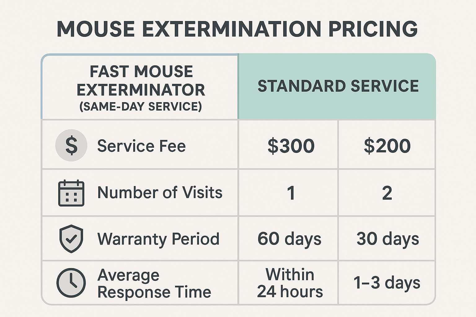 Comparison of DIY and professional mouse control pricing, visits, warranty, and response time