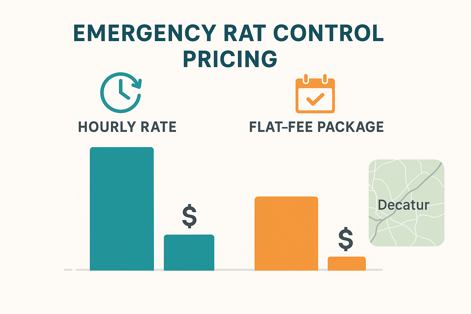 Pricing comparison chart showing hourly emergency rates versus flat‑fee scheduled packages with service speed icons and a Decatur map
