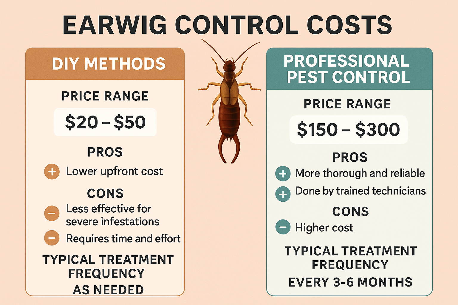 Infographic comparing professional earwig treatment and DIY costs, pros, cons, and frequency