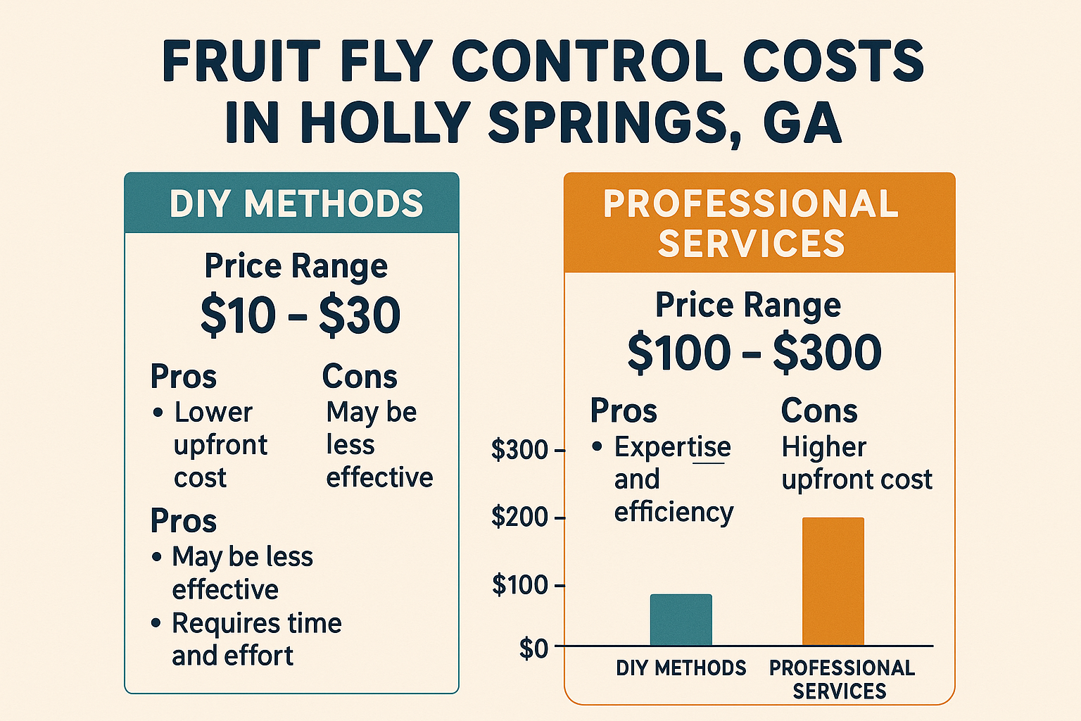 Infographic comparing DIY fruit fly control costs with professional service fees in Holly Springs, GA