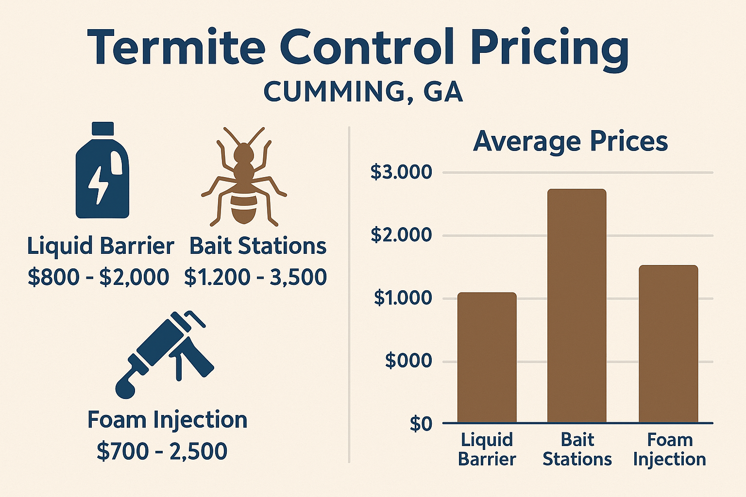 How much does termite control cost in Cumming, Georgia? 4 Cost ranges for termite treatments in Cumming, GA