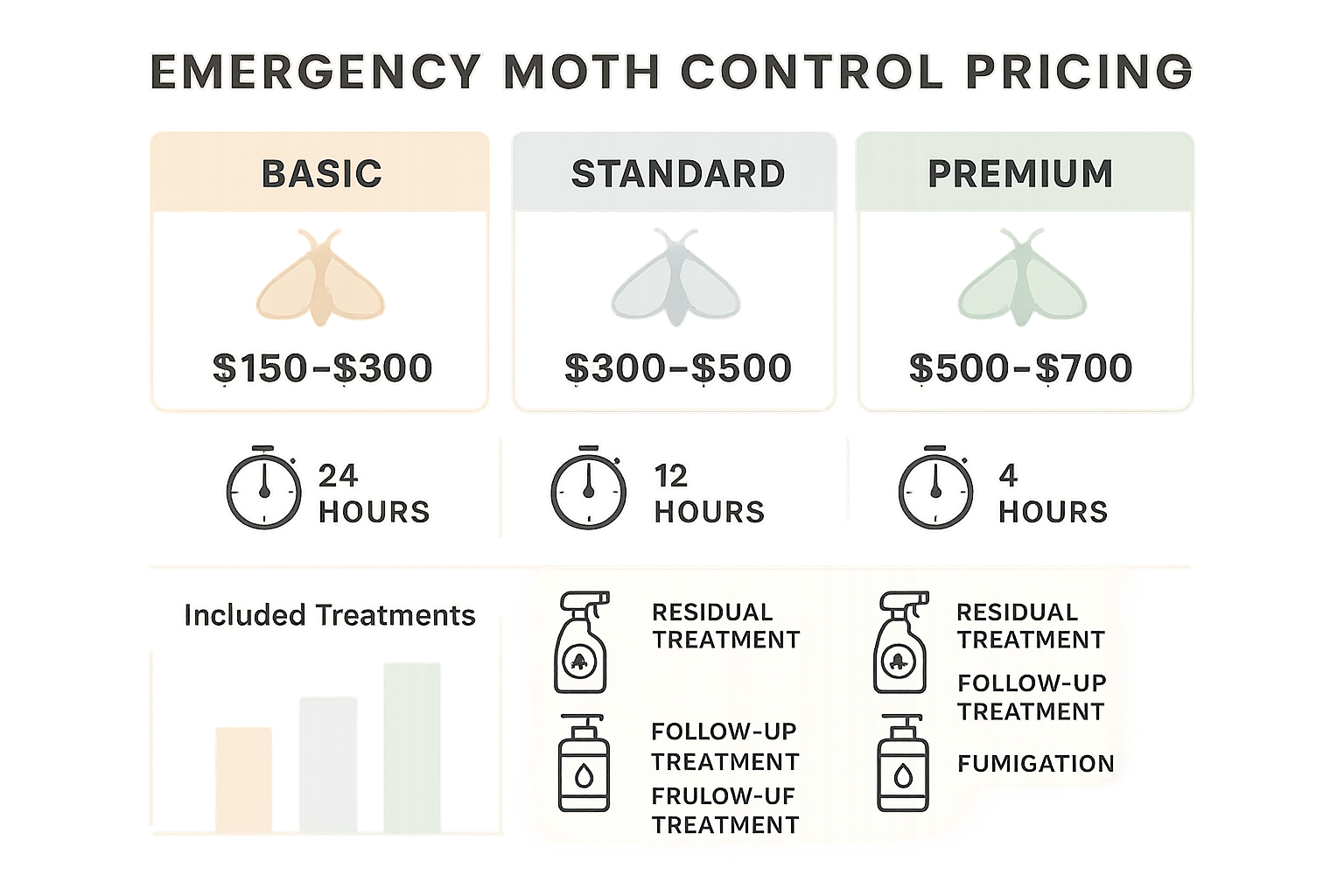 Emergency Moth Control in Decatur, Georgia: What to Do Right Now 5 Pricing infographic comparing Basic, Standard, and Premium emergency moth control tiers
