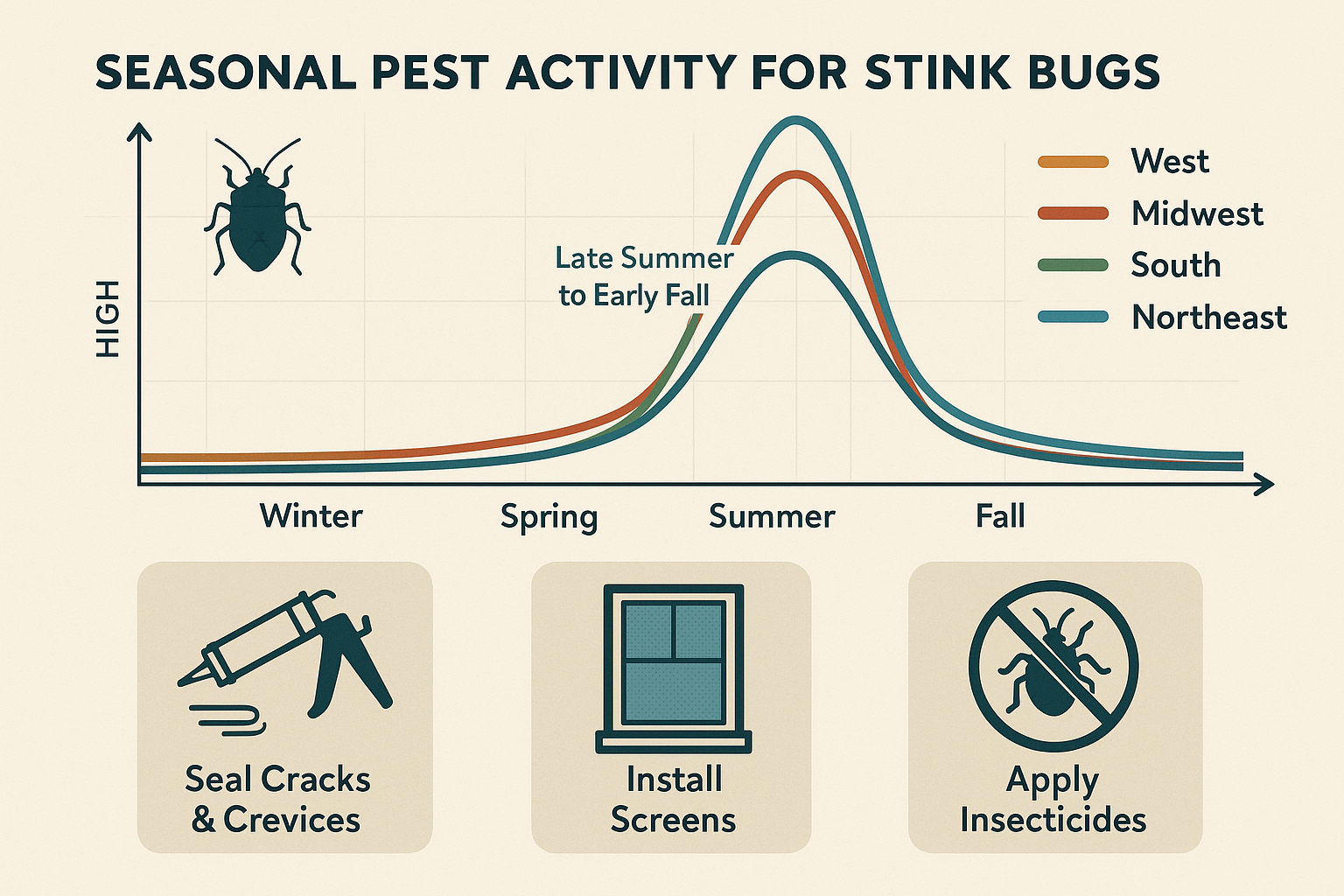 Seasonal activity line graph showing stink bug population peaks from late summer to early fall across U.S. regions