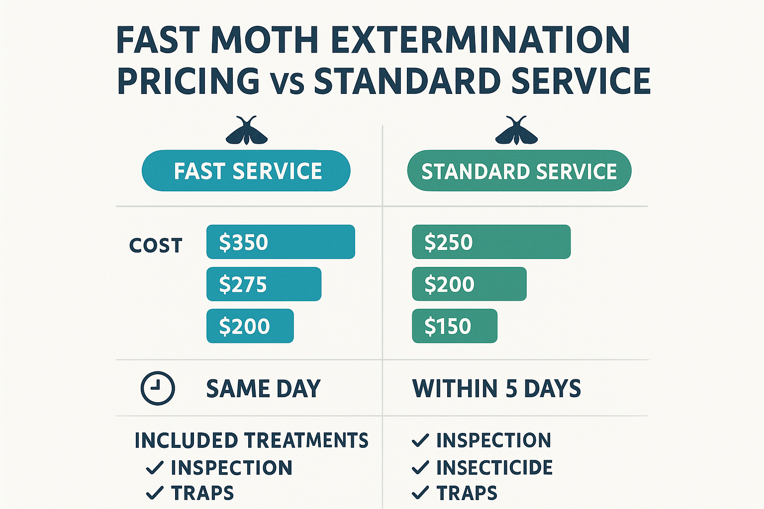 Pricing comparison infographic showing Fast vs Standard moth extermination costs, response times, and treatment inclusions