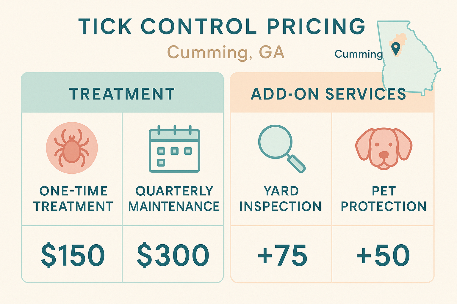 Comparison chart of DIY tick control costs versus professional service bundles in Cumming, GA