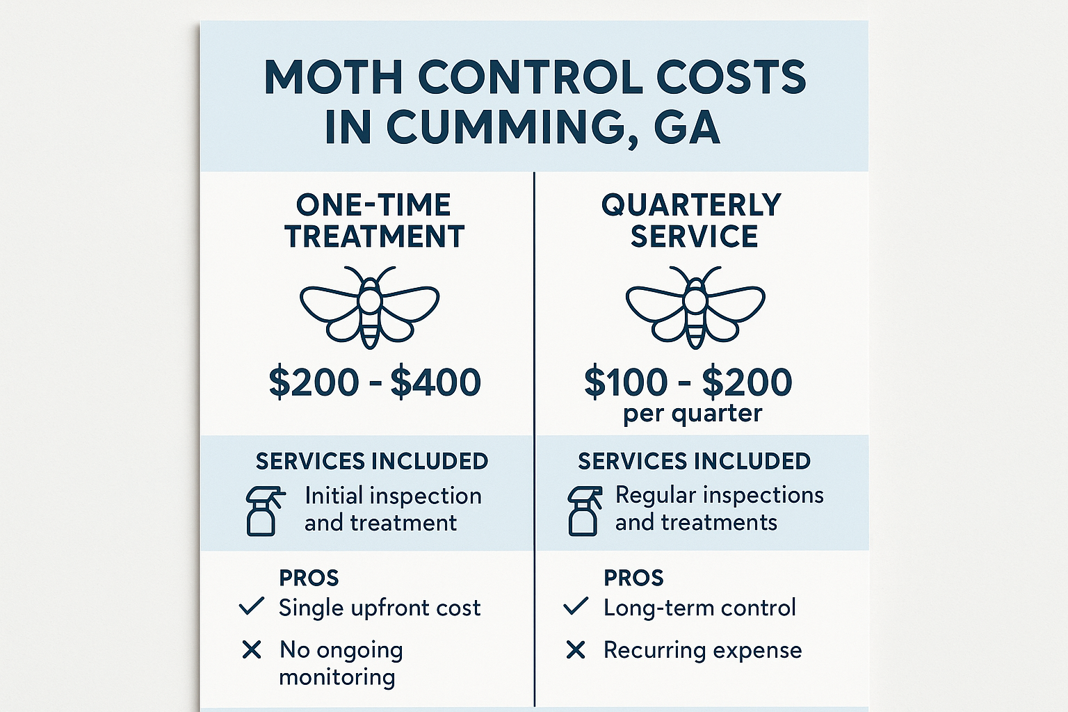 How much does moth control cost in Cumming, Georgia? 5 Infographic comparing one-time and quarterly moth control options
