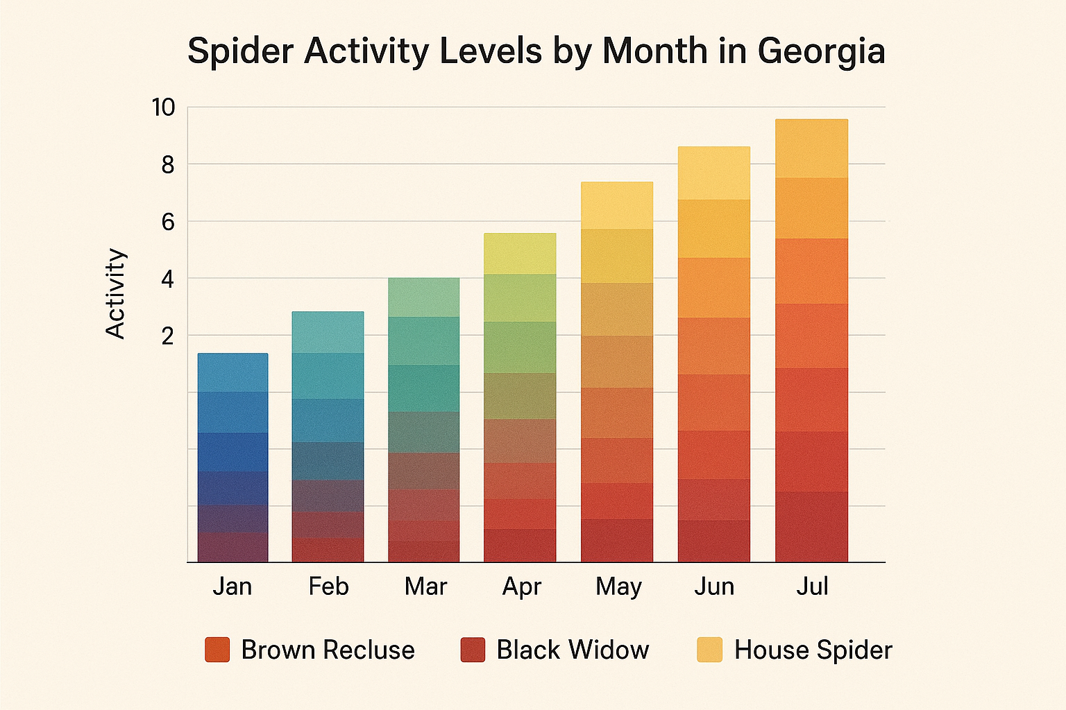 Top-Rated Spider Control in Druid Hills, Georgia: Cost, Treatment & Tips 4 Bar chart showing spider activity levels by month in Georgia