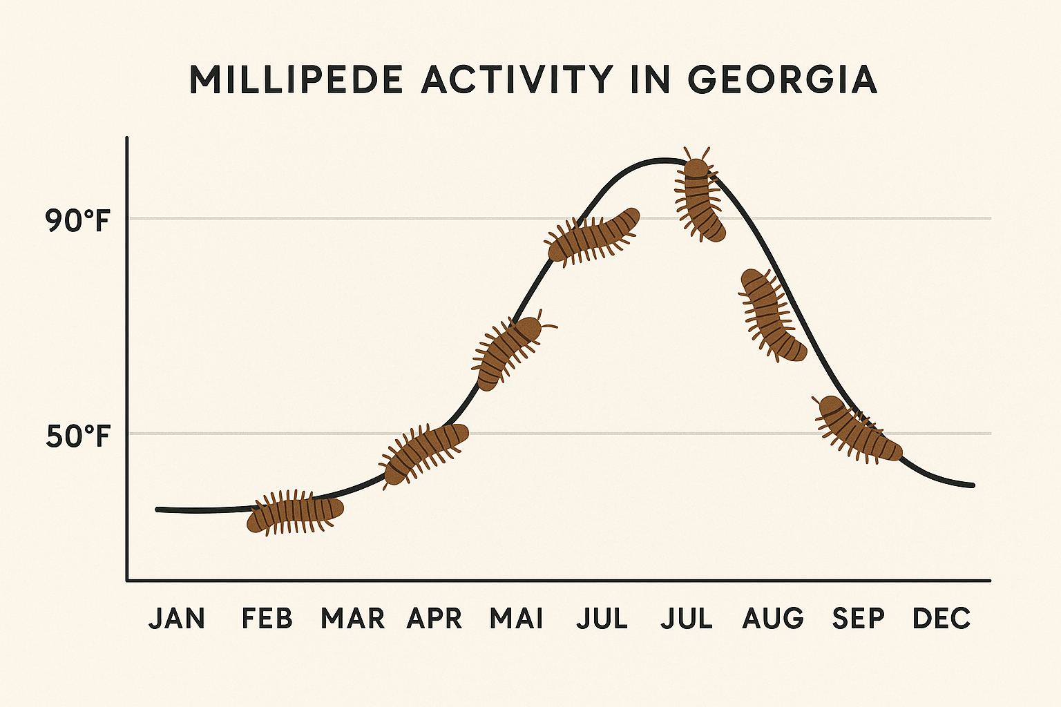 Seasonal line chart of millipede activity in Georgia from January to December