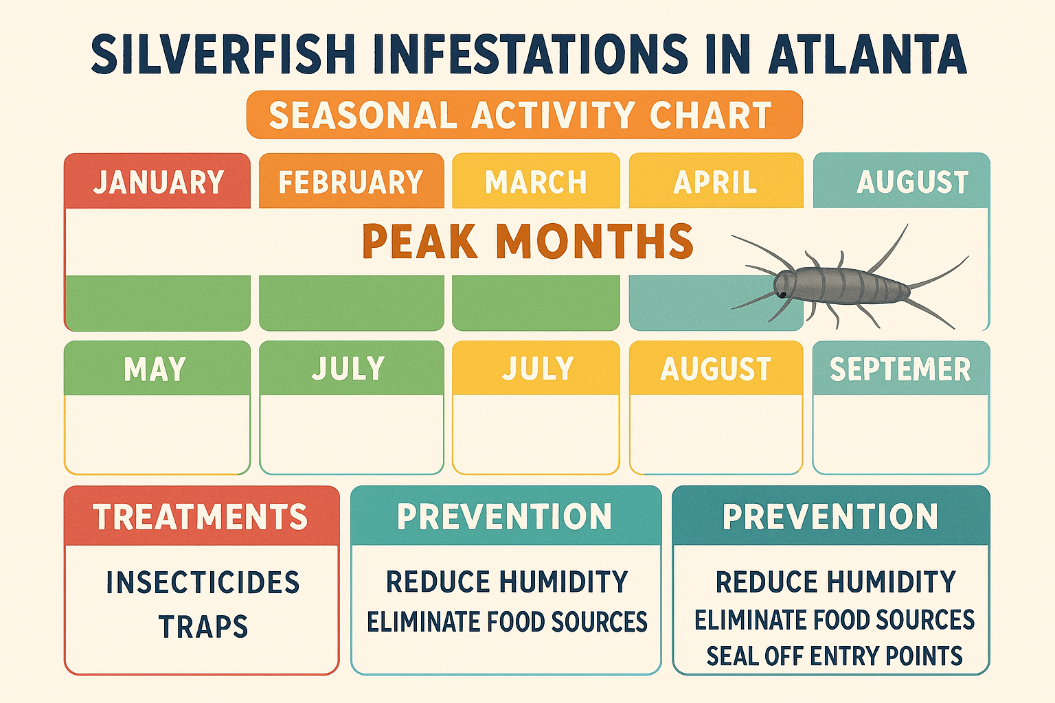 Seasonal activity chart for silverfish in Atlanta, showing peak months and recommended actions