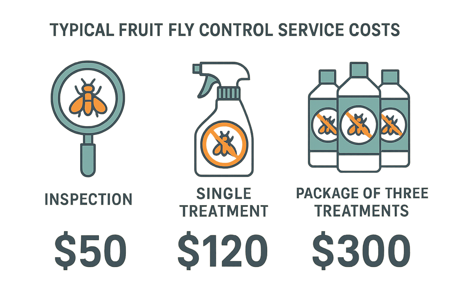 Infographic comparing fruit fly control service costs: $50 inspection, $120 single treatment, $300 three‑treatment package