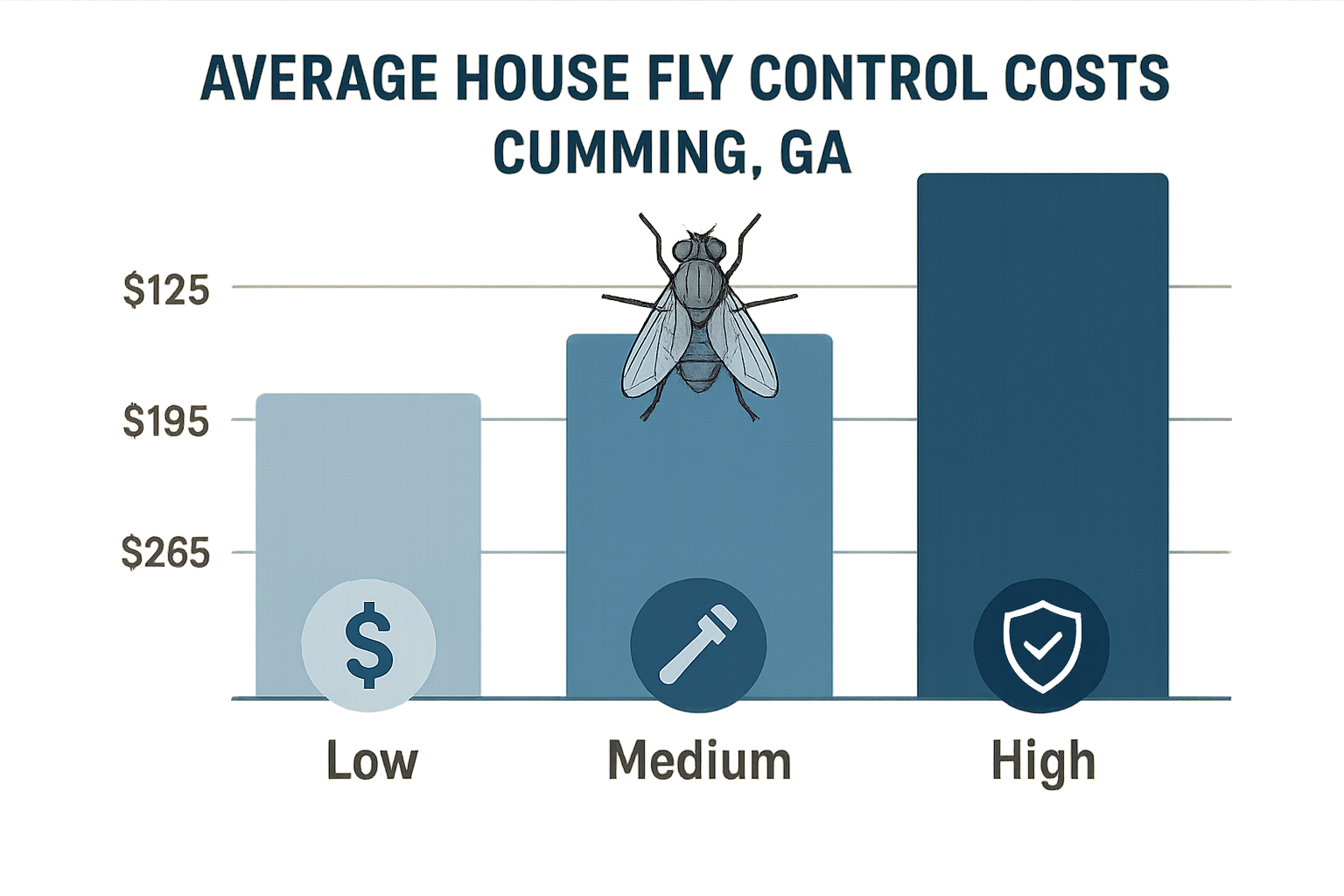 Bar chart showing low, medium, and high price ranges for house fly control services in Cumming, GA