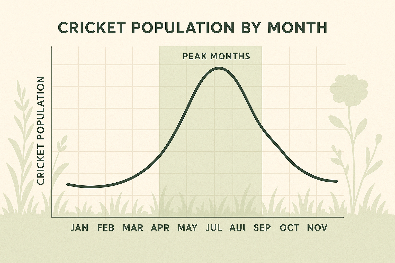 Seasonal activity line chart showing cricket population peaks from June to August