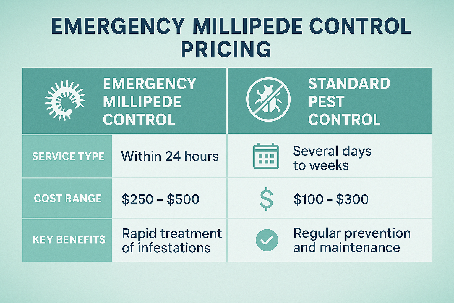 standard pest control and emergency millipede control pricing